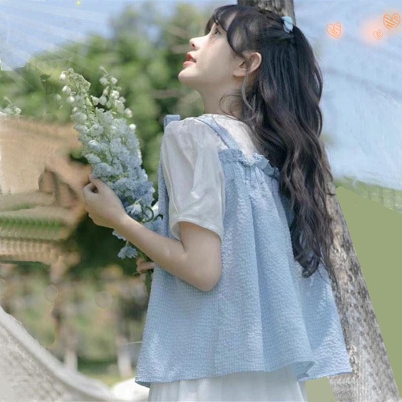 Fake Two-Piece Blue Shirt for Women, Stylish and Beautiful French-Style Sweet Dopamine Top, Summer Puff Sleeve Babydoll Shirt