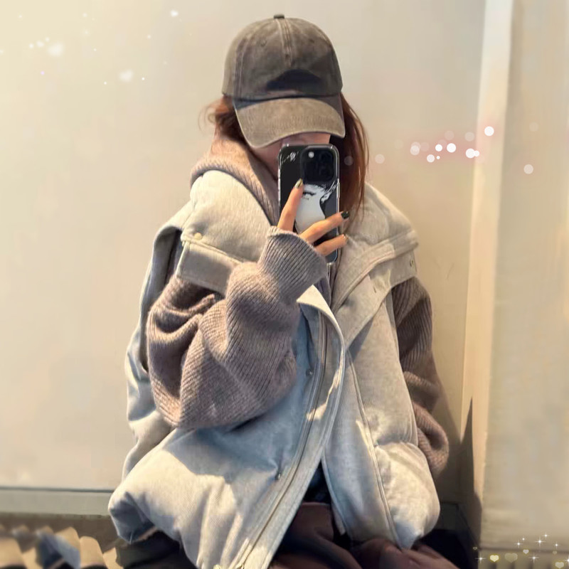 Korean-Style Retro Gray Stand-Collar down Cotton Vest for Women, Thickened for Winter, Sleeveless Warm Cotton Jacket Korean-Style Retro Gray Stand-Collar down Cotton Vest for Women, Thickened for Winter, Sleeveless Warm Cotton Jacket