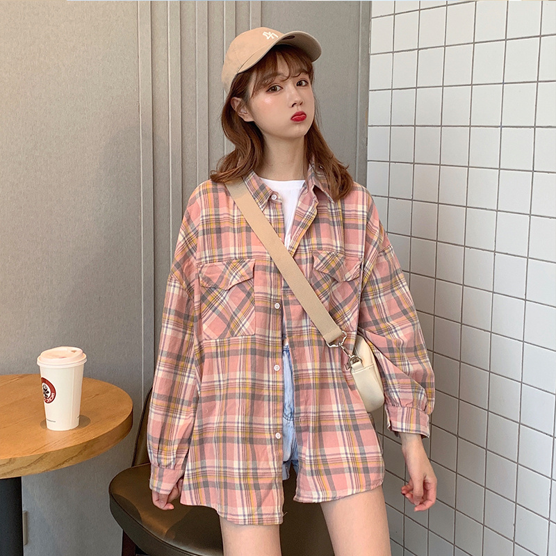PinkPort style lattice shirt female Wear out ins tide Versatile Retro Hong Kong flavor easy Long sleeve jacket summer Minority Sense of design