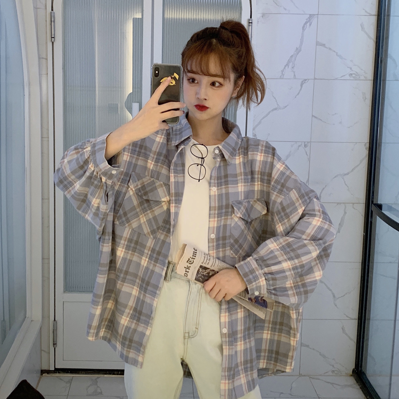 BluePort style lattice shirt female Wear out ins tide Versatile Retro Hong Kong flavor easy Long sleeve jacket summer Minority Sense of design