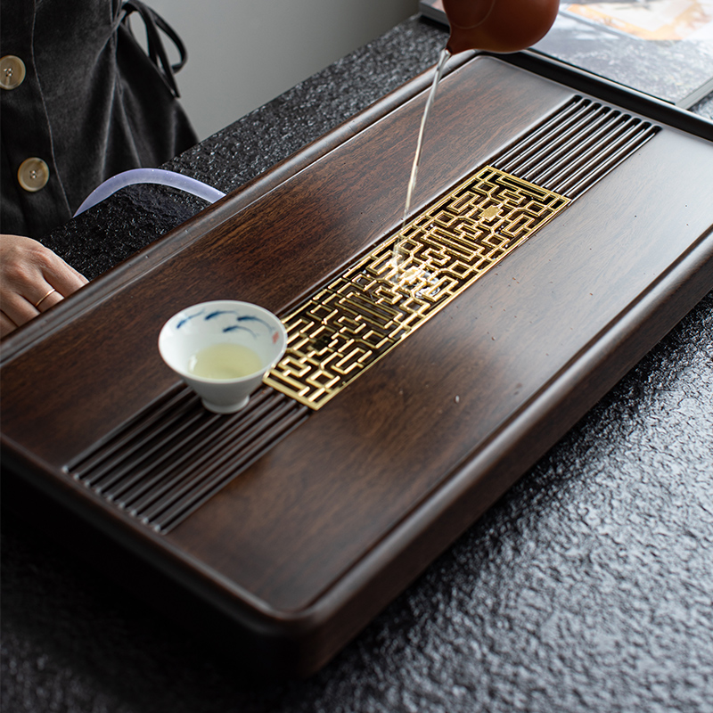 Small Bridge flowing water whole piece ebony tea tray solid wood kung fu tea set household drainage small tea table