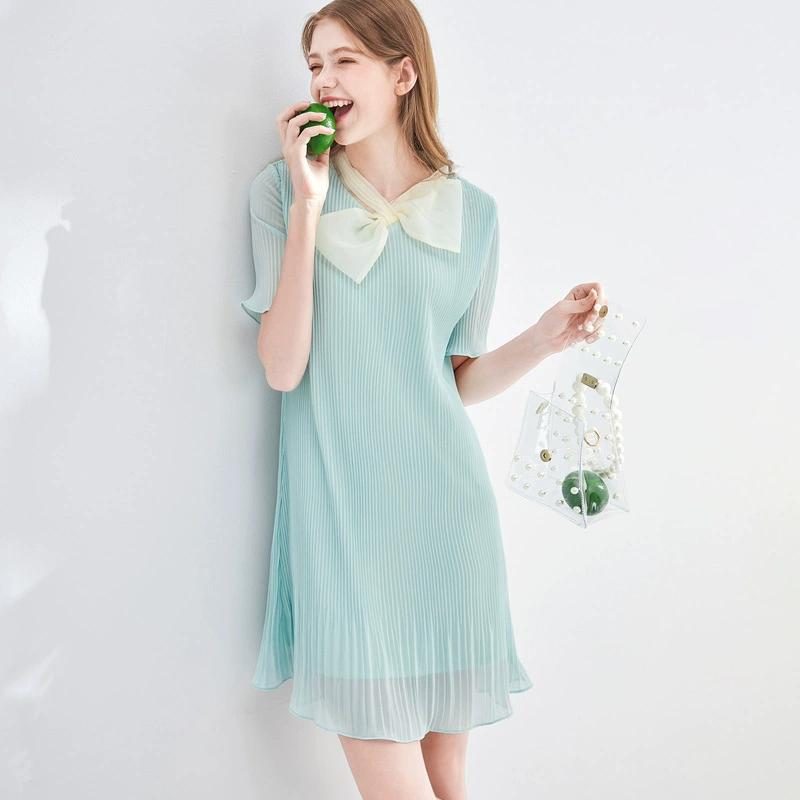 Màu xanh tình yêu mùa hè của phụ nữ macarons hai màu xếp li siêu cổ tích đầm voan rừng 596010 - Váy eo cao