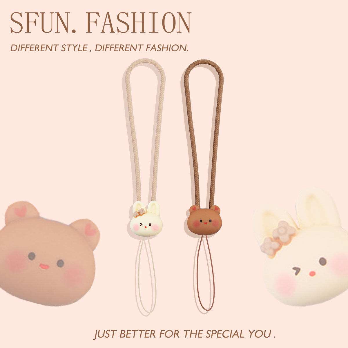 Silicone short lanyard for mobile phones, keychain, anti-loss wristband, cute bear and rabbit, USB flash drive, CCD, earphone pendant chain.