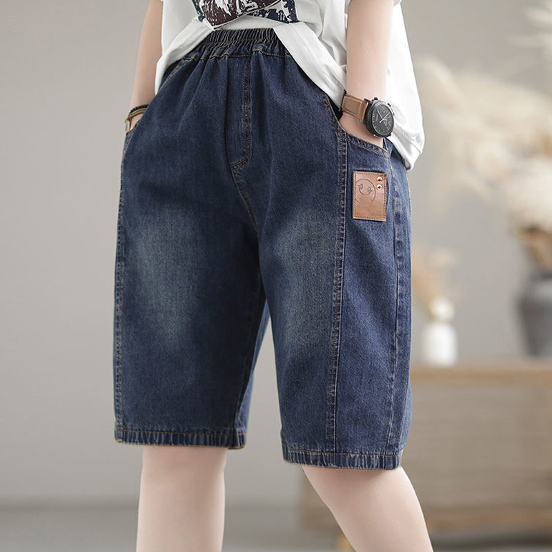 Summer Denim Shorts for Women, High-Waisted, Elastic Waist, Loose Straight-Leg, Thin, Slimming, Middle-Aged Mom Shorts