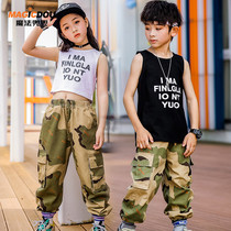 Childrens hip-hop trend suit womens summer girls catwalk clothes camouflage pants summer fashion boys