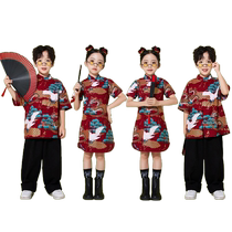 61 enfants cheerleading performance out of service 2024 new boy Chinese short sleeve girl wine red qipao sisterhood