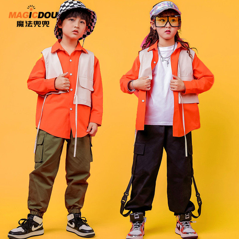 Children's hip-hop suit boys tooling hip-hop girls jazz dance costumes trendy summer Korean loose shirts