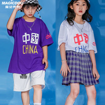 Hip-hop suit boy purple loose short-sleeved shirt girl Chinese style street dance costume childrens dance costume