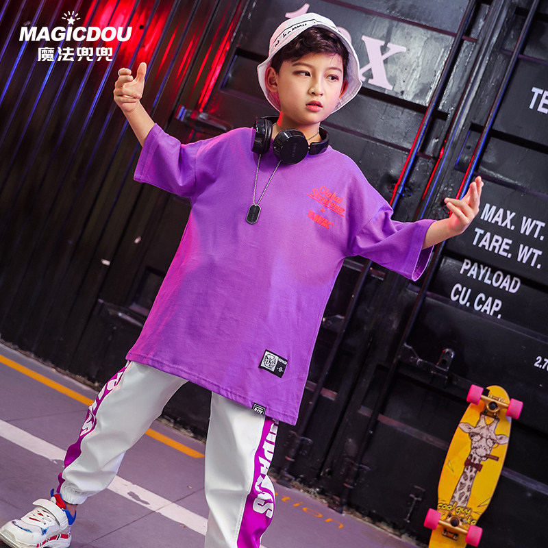 Model girl trendy hip hop street dancer kids short sleeve tops children show suit boys walk dress summer