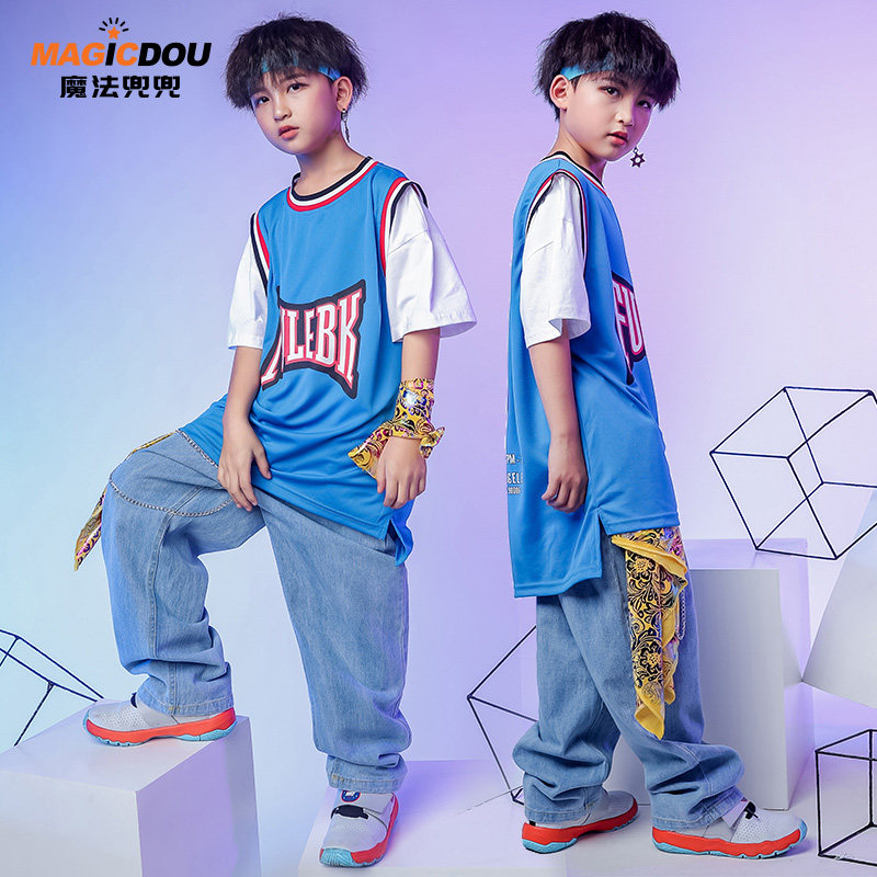 Boys Street Dance Fashion Hiphop Girls Summer Hop Tide Children Kids in Children's Kids Kids Short Sleeve Jean