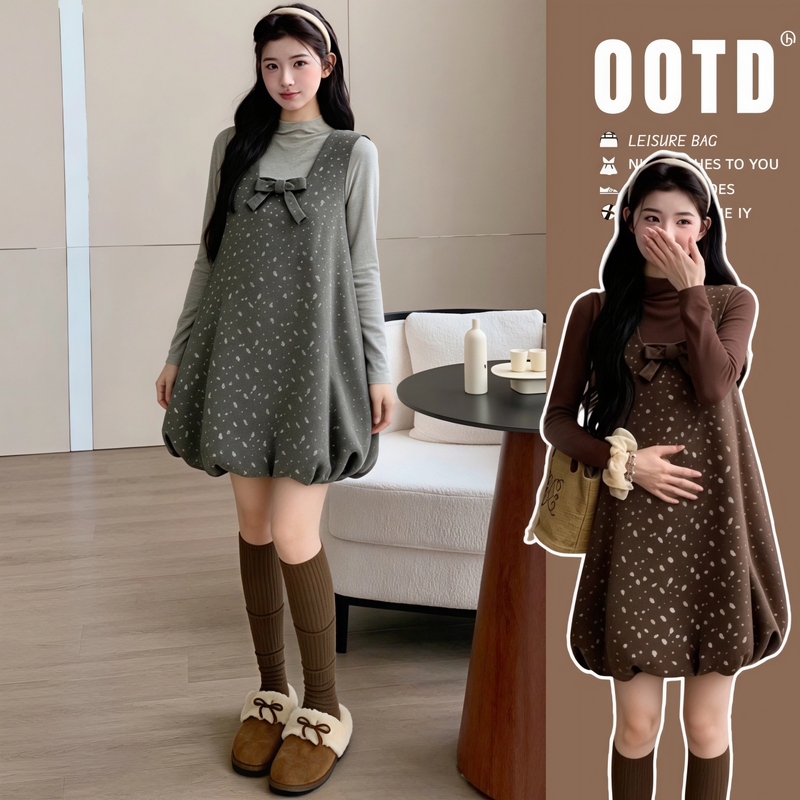 Maternity Wear "Vector Romance" Autumn and Winter Korean Style Polka Dot Bow Bud Vest Dress Two-Piece Set Maternity Wear "Vector Romance" Autumn and Winter Korean Style Polka Dot Bow Bud Vest Dress Two-Piece Set