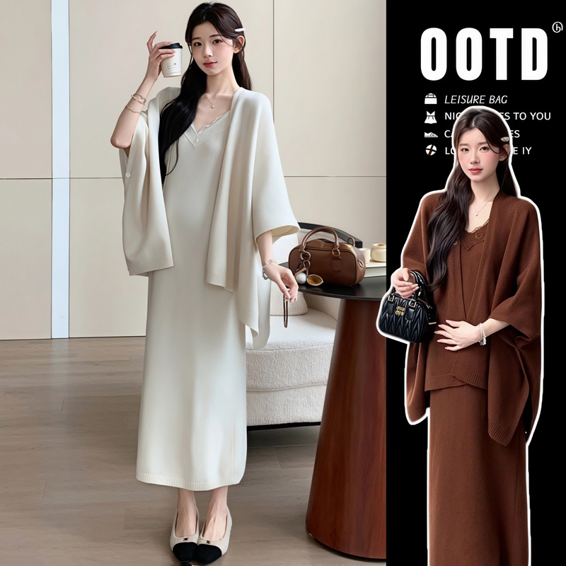 Maternity Wear'Cold Day Warm Tea' Autumn and Winter Korean Style Lazy Knit Dress Sweater Coat High-End Set Maternity Wear'Cold Day Warm Tea' Autumn and Winter Korean Style Lazy Knit Dress Sweater Coat High-End Set