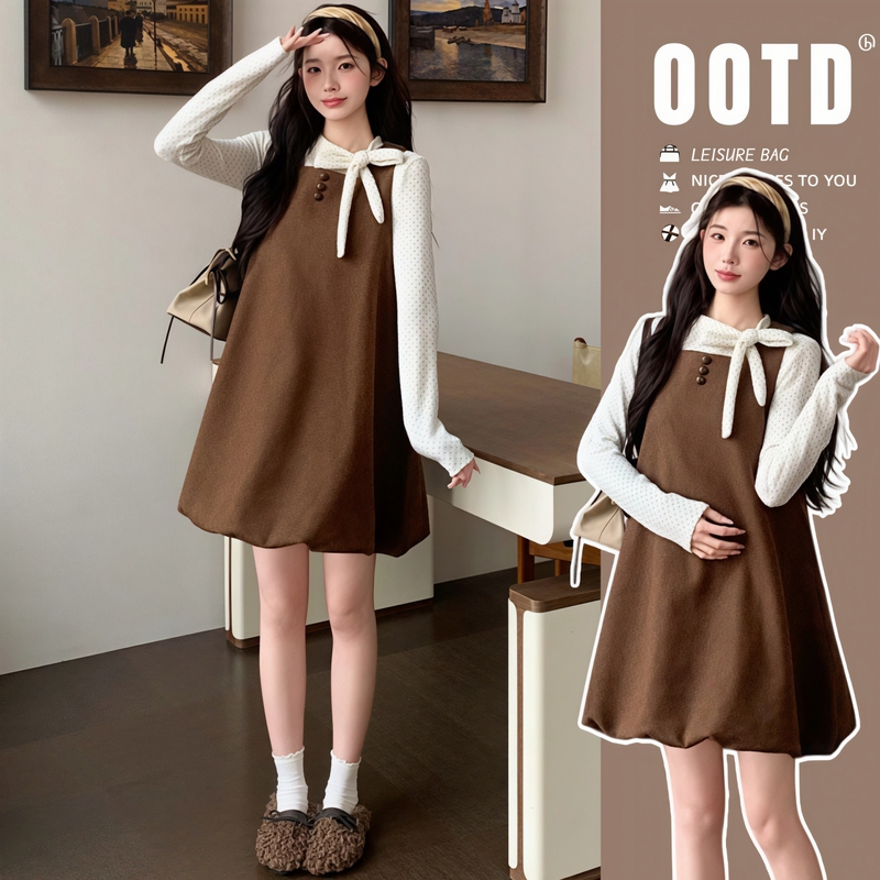 Maternity Wear, Fashionable during Pregnancy, Korean-Style Floral Vest Dress Set, Autumn and Winter Two-Piece Set for Petite Women