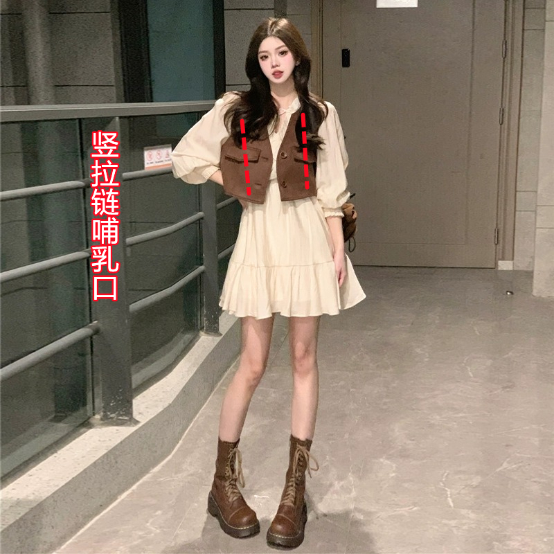 2026 Spring and Autumn Nursing Clothes for Going Out, Hot Mom Style Postpartum Breastfeeding Clothes, Petite Nursing Dress Two-Piece Set