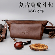 Mens pipe bag genuine leather bag tobacco pipe tobacco bag portable handbag two-person retro pipe bag