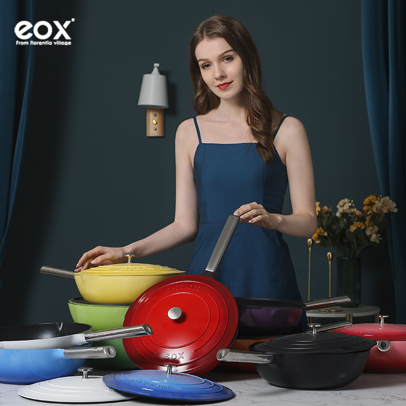 Eox non-stick pan wok household induction cooker gas stove for multi-color colored pottery enamel non-stick pan