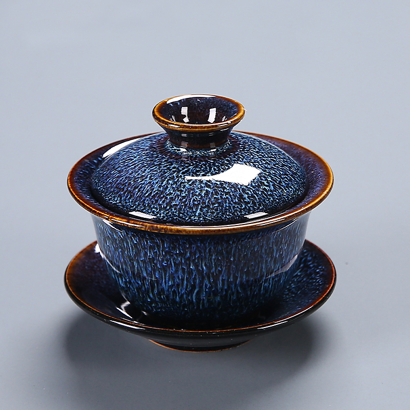 Glazed Blue Ceramic Gaiwan Tea Cup, Kung Fu Tea Set, Three-Piece Tea Bowl, Large Capacity for Home Use, Chinese Style