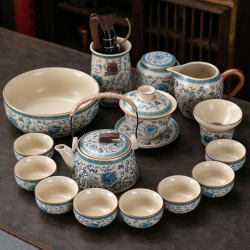Beige Ru Kiln Kung Fu Tea Set with Blue and White Interwoven Lotus Pattern, Overglaze Color Teapot and Gaiwan Complete Tea Set, Chinese Style Ceramic