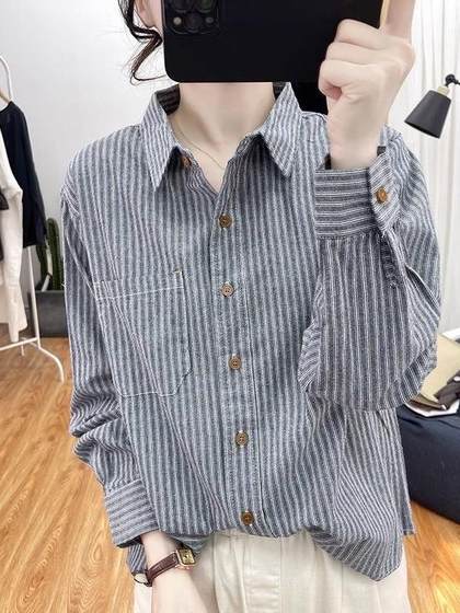 清仓捡漏~棉麻条纹长袖衬衫女春polo领休闲衬衣宽松大码亚麻上衣