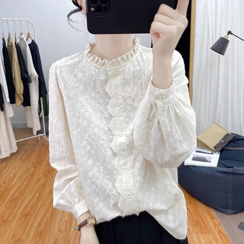 Original Foreign Trade Women's Clothing, Pure Cotton Ruffled Collar Lace Embroidered Long-Sleeve Shirt, Women's Base Shirt, New Spring Shirt Top Original Foreign Trade Women's Clothing, Pure Cotton Ruffled Collar Lace Embroidered Long-Sleeve Shirt, Women's Base Shirt, New Spring Shirt Top