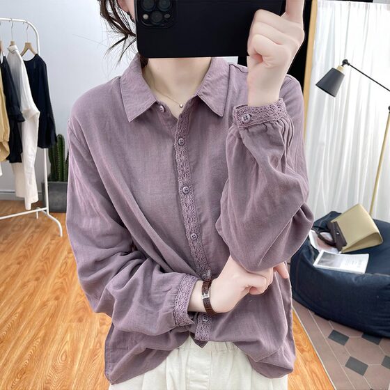 品牌女装清仓折扣春秋纯棉翻领衬衫女气质蕾丝上衣宽松减龄打底衫