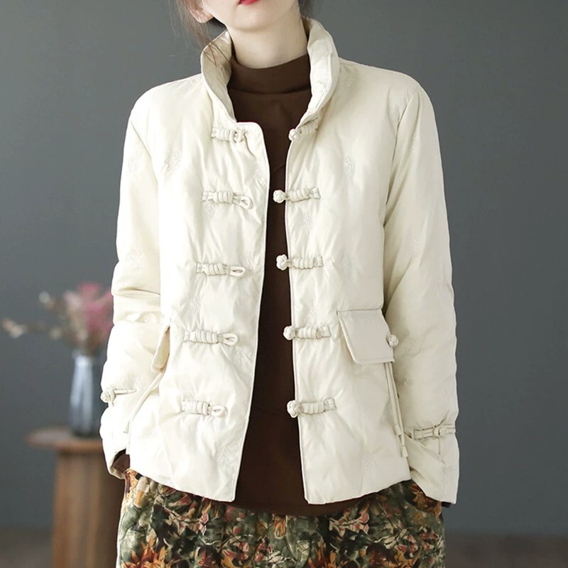 Retro Ethnic Style Button-Down Collar Women's Short Winter down Cotton Jacket Embroidered Warm Jacket Top
