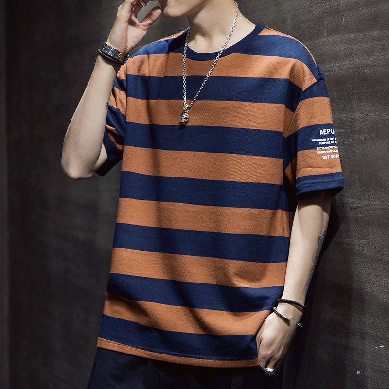 ITins men's short-sleeved T-shirt cotton trend Korean version striped round neck top summer new loose casual men's clothing