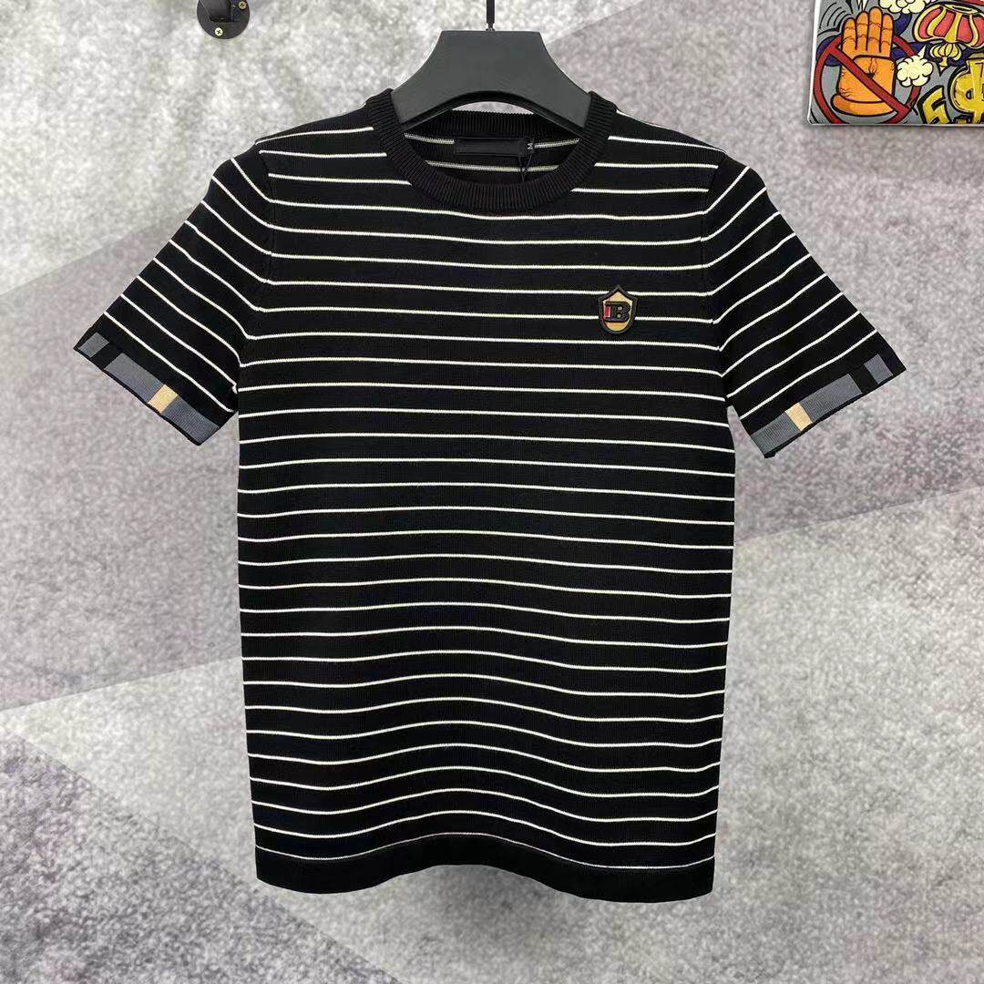 IT ins short-sleeved men's summer trendy brand round neck striped slim-fit Korean version of ice silk half-sleeved letter embroidery hit color T-shirt