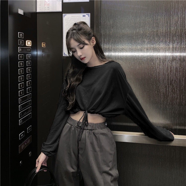 Hot Girl Jazz Style Women's Dance Clothes Spring and Autumn High-Waisted Navel-Baring Short Loose Large Size Drawstring Top
