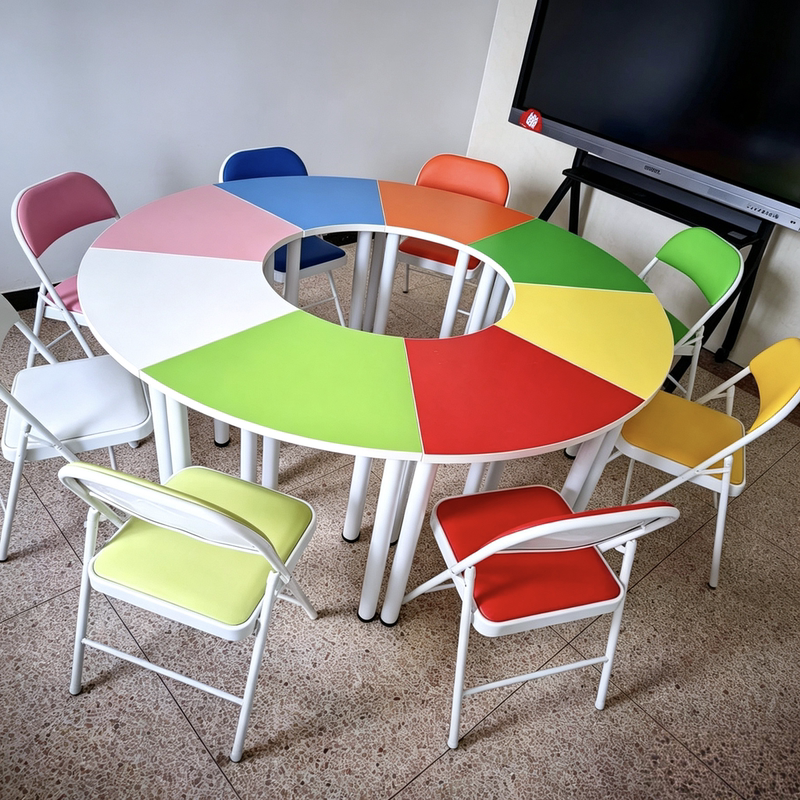 Student Group Activity Room Colorful Shaped Tables for Eight People, Psychology Training and Counseling Class, Art Classroom Desks and Chairs Student Group Activity Room Colorful Shaped Tables for Eight People, Psychology Training and Counseling Class, Art Classroom Desks and Chairs