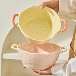 Double-Eared Soup Bowl for Home Use, 2025 New Model, High Aesthetic Instant Noodle Bowl, Cream-Style Large Bowl, Soup Noodle Bowl, Ceramic Snail Noodle Bowl