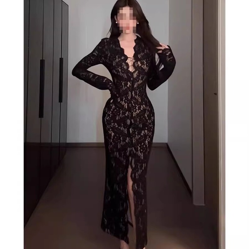 Plus Size 150kg Mature Style V-Neck Lace Long-Sleeve Dress for Women, Autumn Slim Fit Slit Bodycon Long Dress for Plus-Size Women