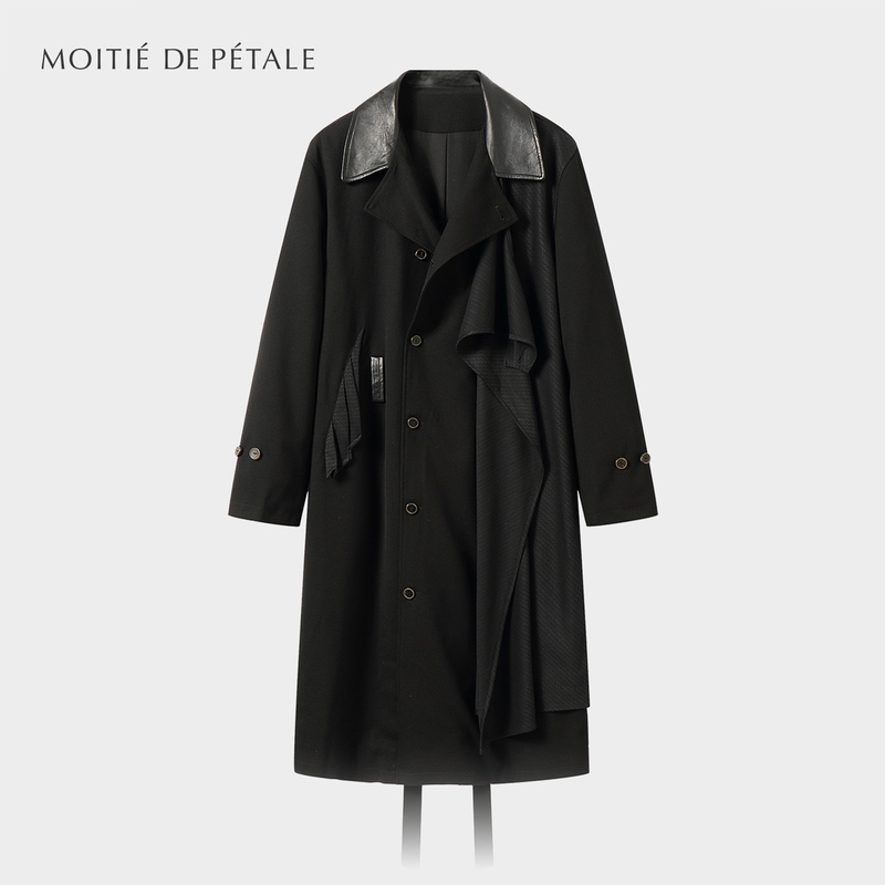 Half-Petal Design Evening Dress Lambskin Patchwork Cape-Style Belt Coat Long Lapel Trench Coat
