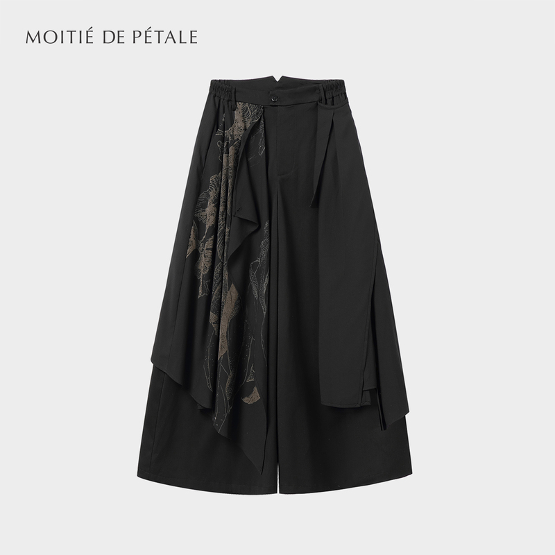 Half-Petal Plant Print Double Pleated Flared Culottes with Wool Dark Black Lantern Wide-Leg Pants Half-Petal Plant Print Double Pleated Flared Culottes with Wool Dark Black Lantern Wide-Leg Pants