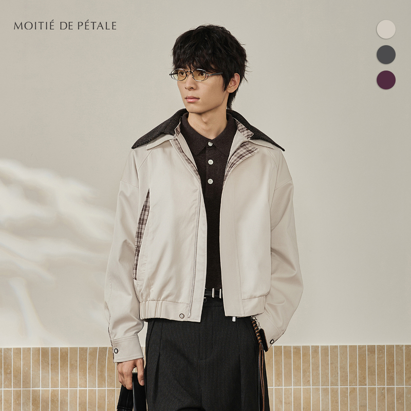 Half-Petal "Shining" Interchangeable Woven Collar Hood Plaid Pocket Jacket Bomber Detachable Coat