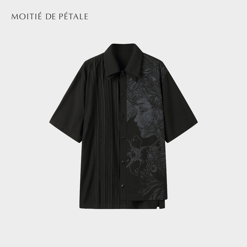 Half-Petal Rose Original Print Top with Visible Stitching and Pleated Double-Layer Structure, Dark Aesthetic Design