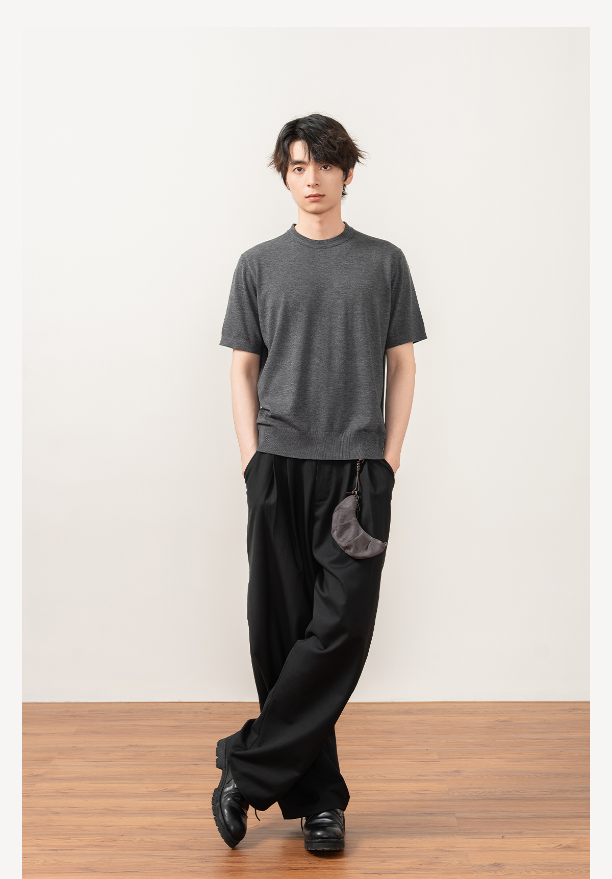 【ジャカードカラー】アーバンレトロ/ウール混ニット半袖 - Tシャツ メンズ - その他の素材 グレー
