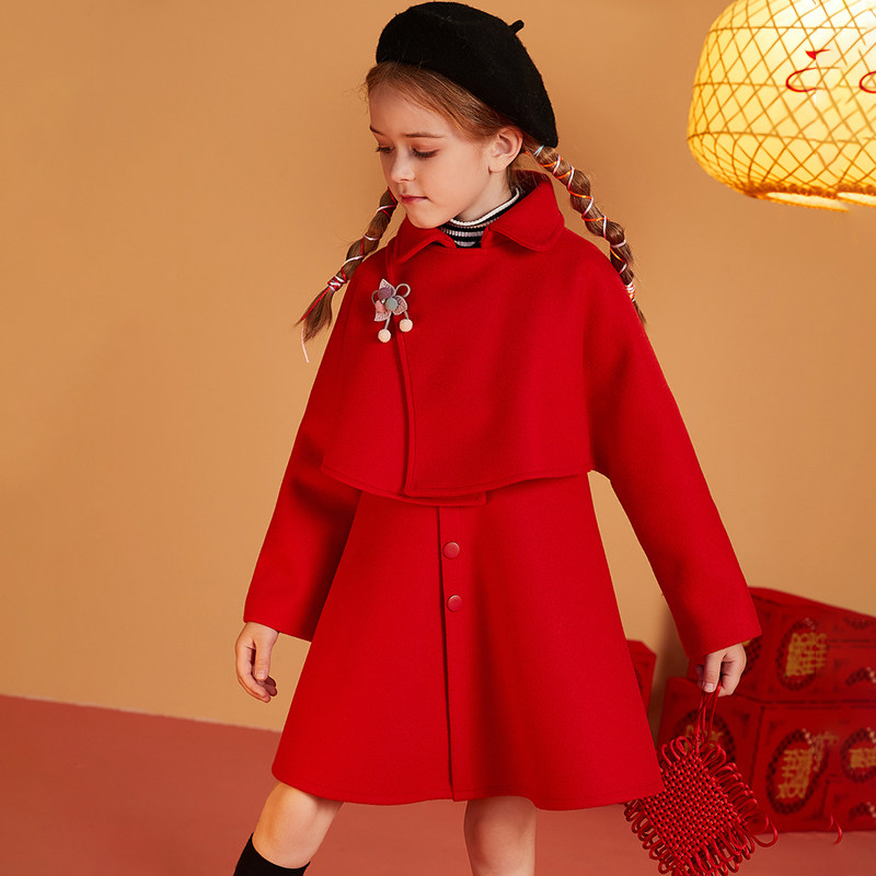 Girls woolen coat 2021 new red woolen dress mid-length version of the new year's clothing children's thickened New Year's clothing