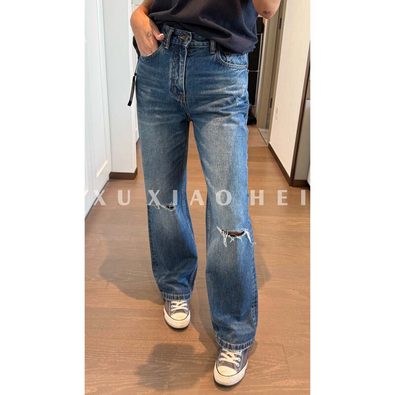 Xu Xiaohei【Mclaren】Mid-High Waist Non-Stretch Ripped Fringe Textured Straight-Leg Jeans 78158