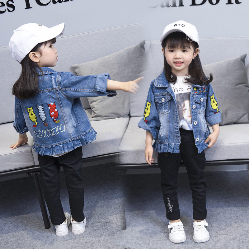 mặc cô gái áo khoác denim jacket mùa thu / đông se lạnh bé đầu năm 2019 xu hướng mới denim jacket trẻ em trẻ em.