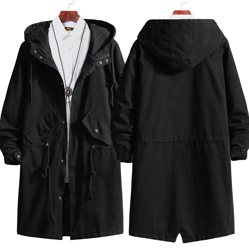 New Pure Cotton Mid-Length Trench Coat for Men and Women, Spring and Autumn Style, Winter Style, Hooded Coat, Black, Trendy for Teenagers