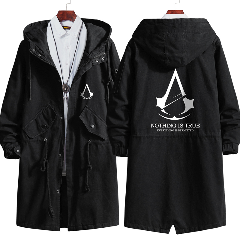Assassin's Creed Pure Cotton Mid-Length Trench Coat for Men, Teenagers, and Young Adults, Spring, Autumn, and Winter Hooded Coat, Trendy Cotton Clothing