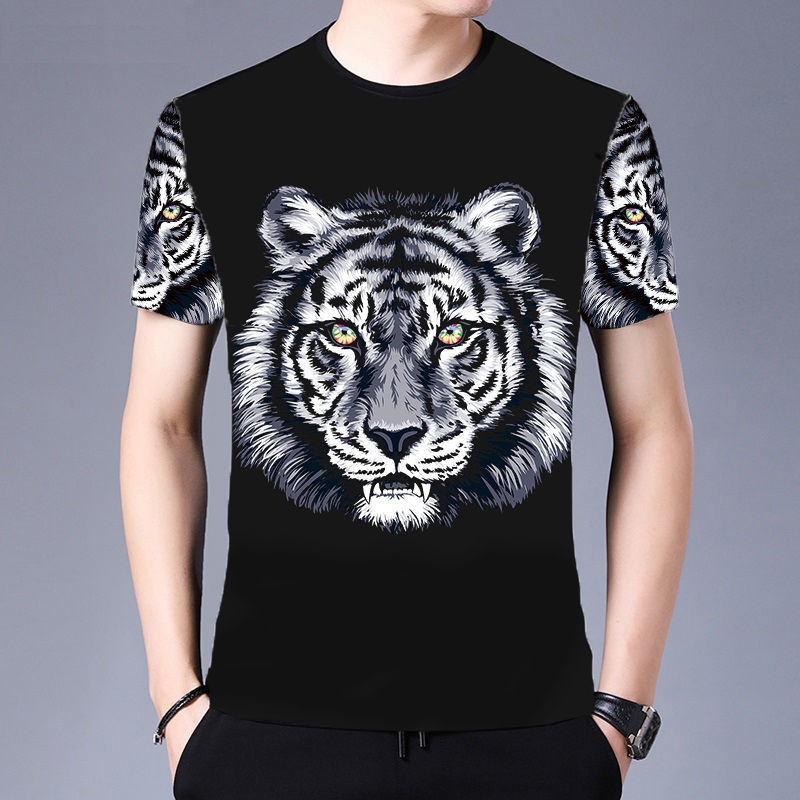 Short-Sleeved T-Shirt for Men, Summer Base Layer, Slim Fit, Trendy Tiger Print Half-Sleeve Tee, Crew Neck Printed T-Shirt, Plus Size Top