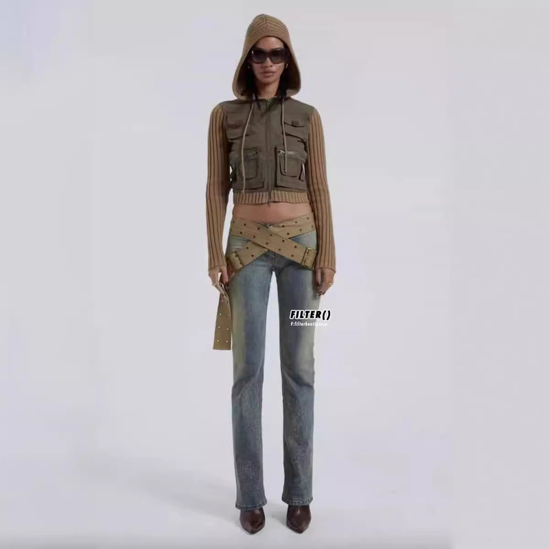 Iamg Hot Girl Retro Fashion Wrap-Around Canvas Thick Belt Decorated Low-Waist Leg-Slimming Denim Pants for Women