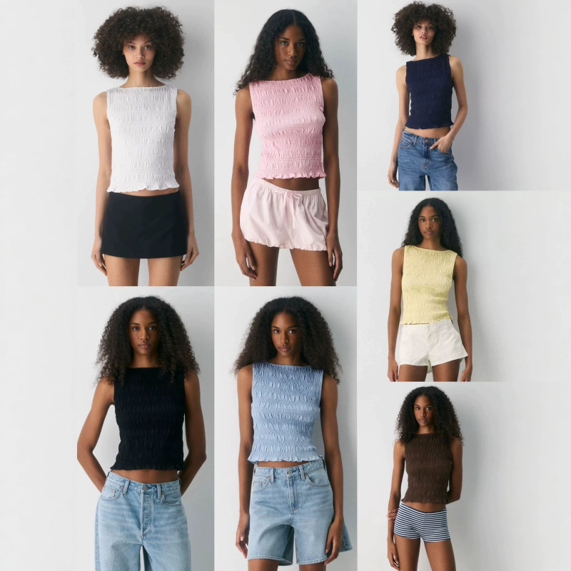 Aritzia New Summer Style Pleated Sleeveless Design French Niche Boat Neck Versatile Slimming Short Vest Top