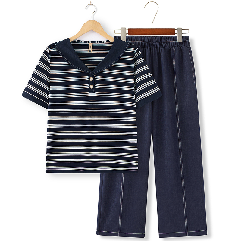 Mom's Summer Outfit Striped Short-Sleeve Set 2026 New Middle-Aged and Elderly Women's Summer Top Two-Piece Set Stylish