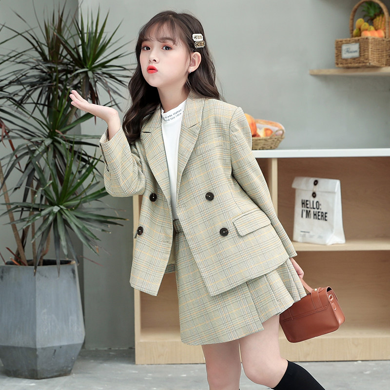 Girl's Suit Suit 2021 Spring Autumn New Tide Academy Wind Polo Plaid Suit Two Sets Children Coat Tide