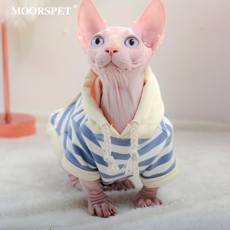 MOMO kitty clothes pets even cap sports shirt stripes spring autumn and winter warm Devon Sfinks no fur cat clothes