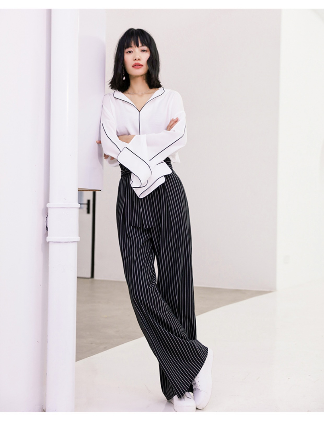 K家高腰竖条纹阔腿裤女长裤2018夏季新款宽松