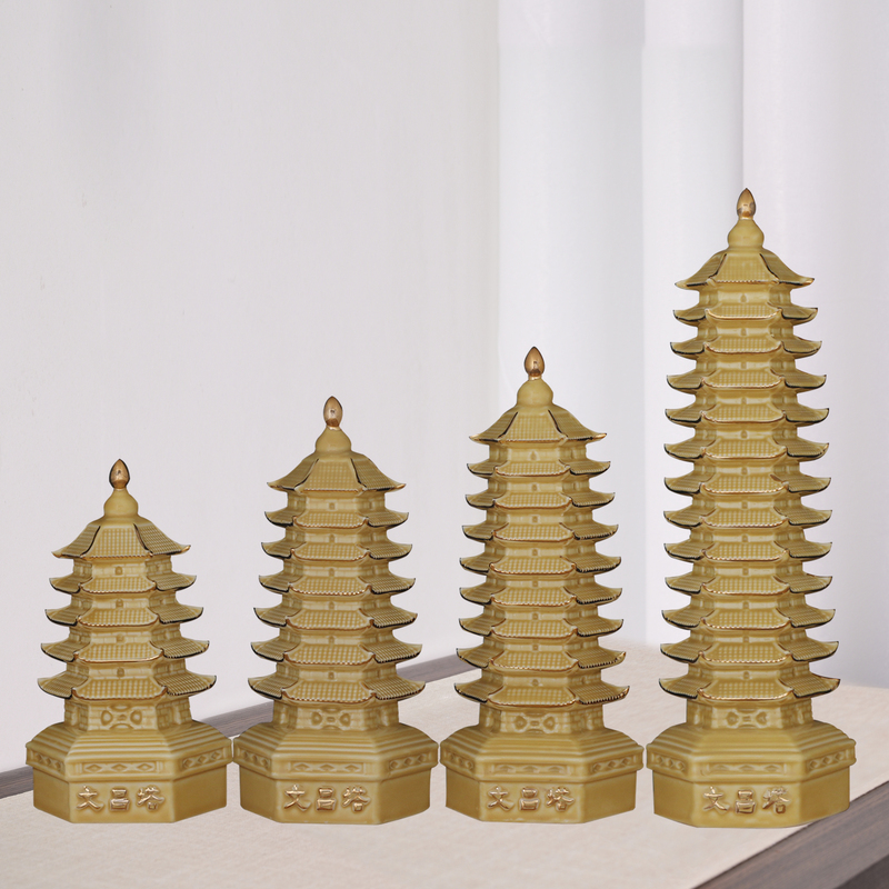 Earthy Yellow Wenchang Tower Ceramic Ornament, 5Th, 7Th, 9Th, 13Th Floors, White and Yellow, Student Study Desk Decoration for Exams